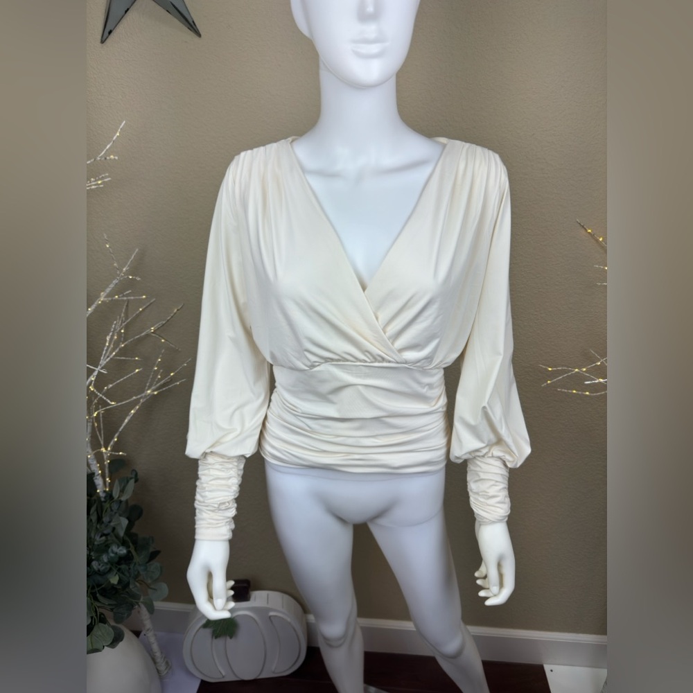 🌸NWT $58 Express Silky V-Neck Ruched Long Sleeve Top 🌸